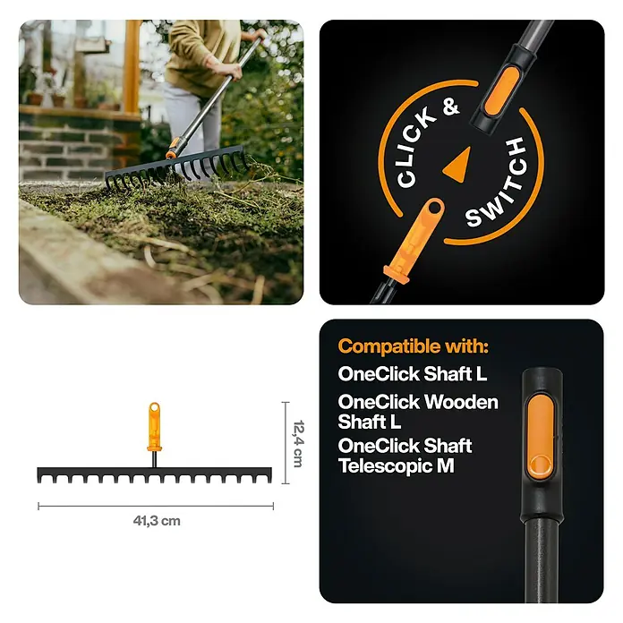Fiskars OneClick Rasenrechen - L x B x H: 13 x 42 x 8,5 cm, 16 Stk. - Eine Gartenharke mit den Maßen 41,3 cm Breite und 12,4 cm Höhe, kompatibel mit OneClick-Schäften für vielseitige Gartenarbeit.
