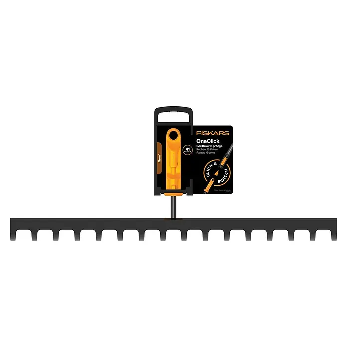 Fiskars OneClick Rasenrechen - L x B x H: 13 x 42 x 8,5 cm, 16 Stk. - Abbildung des Fiskars OneClick Bodenrechen mit 16 Zinken und „Click & Switch“-Funktion für einfaches Wechseln der Werkzeugköpfe.