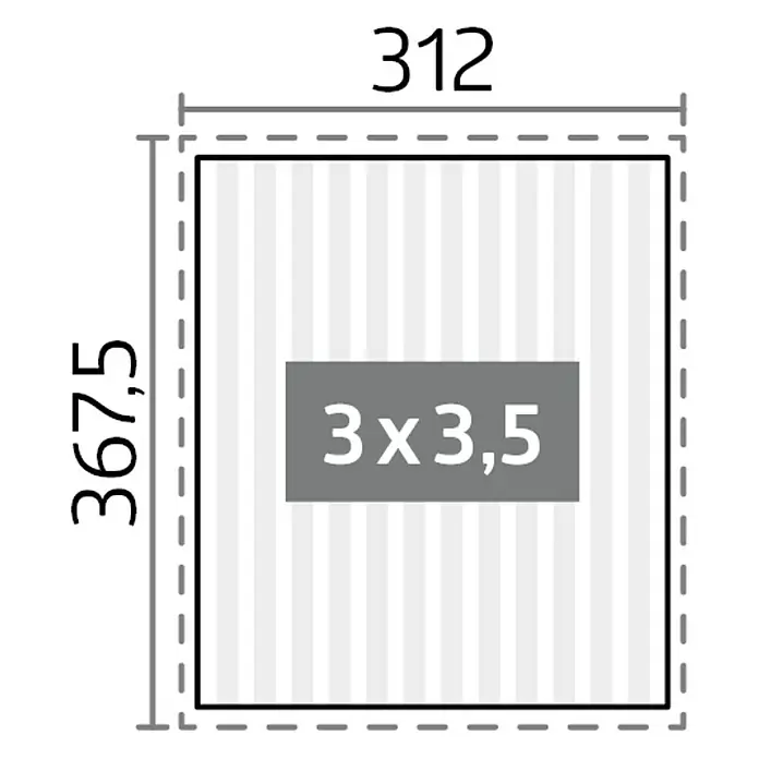 Biohort Lamellenpavillon - B x T: 312 x 367,5 cm, Dunkelgrau Metallic - Silber Metallic, Material Gestell: Stahl - Produktansicht mit den Maßen 312 x 367,5, mittig platziert und grau unterlegt, die Aufschrift 3x3,5 trägt. Die Produktdetails sind klar dargestellt.
