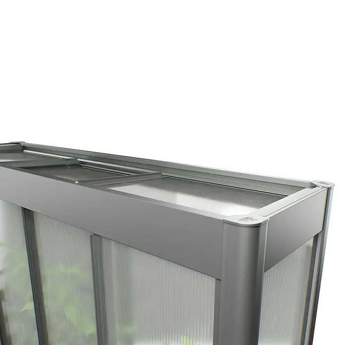 Biohort Florentina Hochbeet-Abdeckung Florentina - L x B x H: 54,8 x 201,6 x 136,4 mm, Quarzgrau Metallic - Nahaufnahme eines Gewächshauses, das die robuste Bauweise und das klare Design des modularen Aufbaus zeigt.