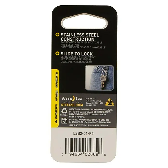 Nite Ize Doppelkarabiner Slide Lock - 50 x 22 mm, Edelstahl, Schwarz, Belastbarkeit: 4,5 kg - Verpackung des Nite Ize SlideLock Karabiners aus Edelstahl mit sicherem Schiebeverschluss für Schlüsselanhänger.