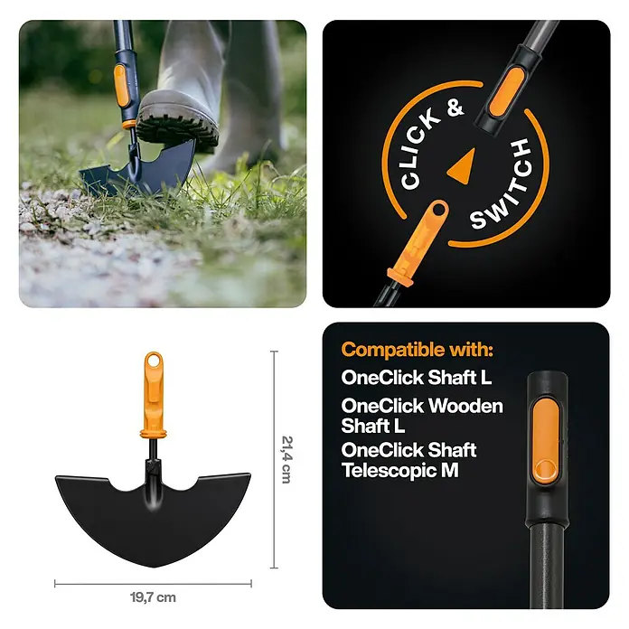 Fiskars OneClick Rasenkantenstecher - Arbeitsbreite: 19,7 cm, Stahl - Bild einer Fiskars OneClick Kantenschneider-Aufsatz mit Maßen und Anwendungshinweisen.