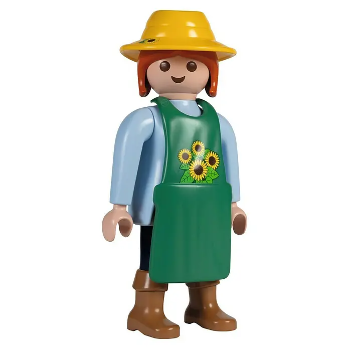 Lechuza Dekofigur Playmobil - Gärtnerin/Sonnenblume, L x B x H: 24 x 31 x 68 cm, Kunststoff - Playmobil-Gärtnerin mit gelbem Hut und Sonnenblumen-Schürze. Die Figur trägt blaue Ärmel und braune Stiefel für die Gartenarbeit.