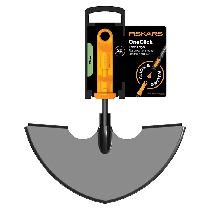 Fiskars OneClick Rasenkantenstecher - Arbeitsbreite: 19,7 cm, Stahl - Das Bild zeigt einen Fiskars OneClick Rasenkantenstecher mit einem gelben Griff und einem grauen, halbmondförmigen Schneideblatt.