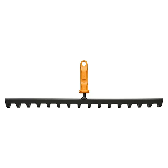 Fiskars OneClick Rasenrechen - L x B x H: 13 x 42 x 8,5 cm, 16 Stk. - Ein schwarzer Fiskars-Unkrautentferner mit orangefarbenem Griff, ideal für die Gartenarbeit. Effektive Unkrautbekämpfung für einen gepflegten Garten.