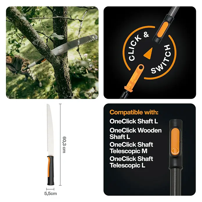 Fiskars OneClick Baumsäge - Passend für: Fiskars OneClick Stiel, Länge: 60,3 cm - Bild einer vielseitigen Baumsäge mit OneClick-Funktion, kompatibel mit verschiedenen Schafttypen, ideal für Baumschnittarbeiten.