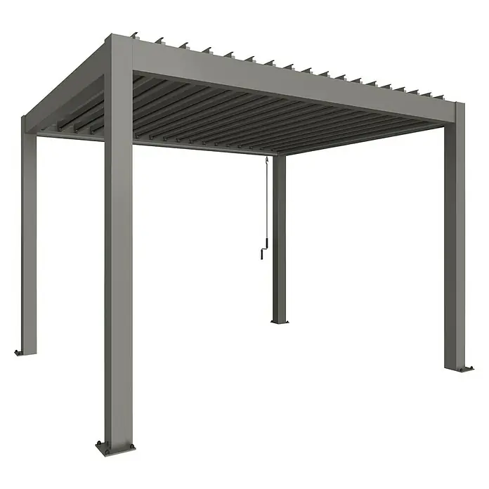 Biohort Lamellenpavillon - B x T: 367,5 x 312 cm, Quarzgrau Metallic, Material Gestell: Stahl - Bild eines modernen, grauen Pavillons mit Lamellendach, ideal für den Garten. Er bietet Schatten und Schutz vor Sonne und Regen.