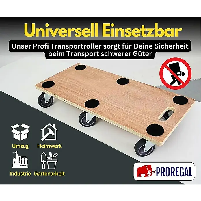 Proregal Transportroller mit 6 Rollen - L x B x H: 68 x 30 x 11 cm, Traglast: 300 kg, Holz
