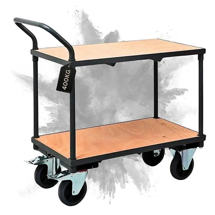 Profi Tischwagen mit 2 Etagen | HxBxT 95x97x50cm | Traglast 400kg | Vollgummibereifung, 2x Lenkrollen mit Feststellbremse & 2x Bockrollen | Grau | Transportwagen Etagenwagen Kommissionierwagen - 