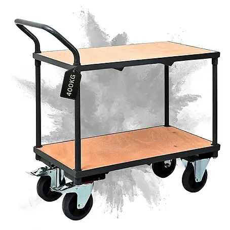 Profi Tischwagen mit 2 Etagen | HxBxT 95x97x50cm | Traglast 400kg | Vollgummibereifung, 2x Lenkrollen mit Feststellbremse & 2x Bockrollen | Grau | Transportwagen Etagenwagen Kommissionierwagen