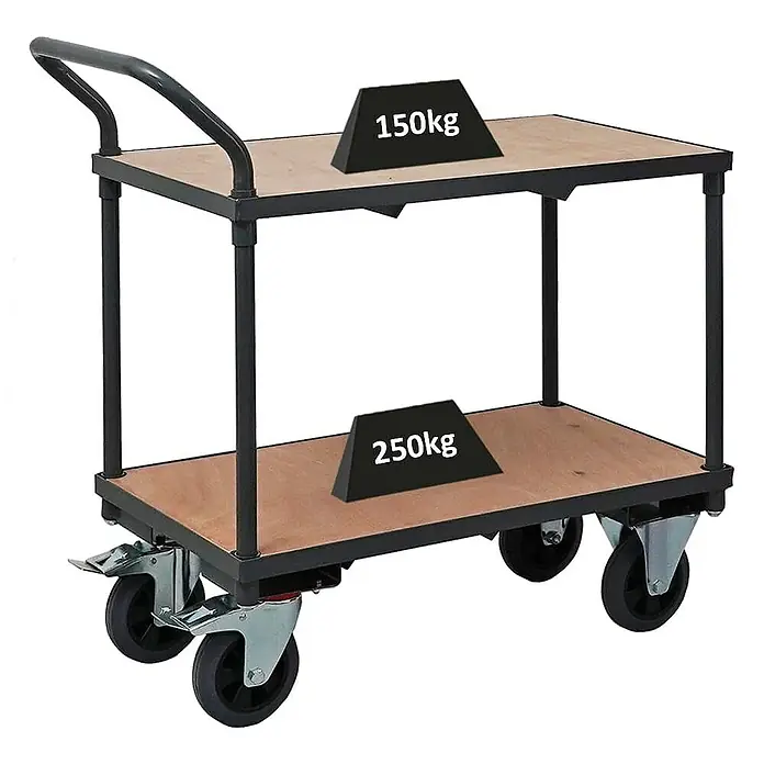 Profi Tischwagen mit 2 Etagen | HxBxT 95x97x50cm | Traglast 400kg | Vollgummibereifung, 2x Lenkrollen mit Feststellbremse & 2x Bockrollen | Grau | Transportwagen Etagenwagen Kommissionierwagen - 