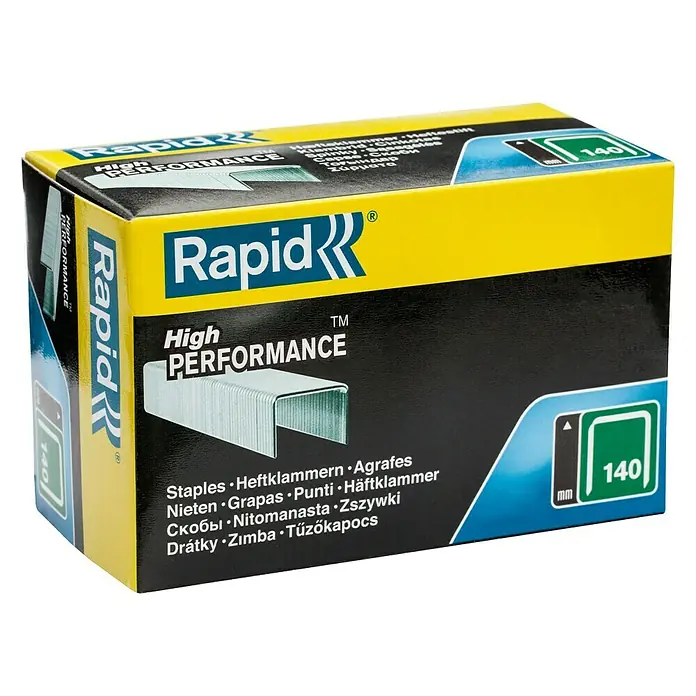 Rapid Flachdrahtklammern Typ 140 - Länge: 8 mm, Rückenbreite: 10,6 mm, 5.000 Stk. - Produktabbildung einer Packung Rapid High Performance 140-Klammern, ideal für Büro- und Heimwerkerarbeiten.