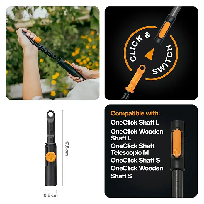 Fiskars OneClick Stiel Universal - Passend für: Handgeräte der QuikFit™-Produktreihe - Abbildung des Fiskars QuickClick-Geräts mit detaillierten Informationen zu Abmessungen und Kompatibilität mit verschiedenen Schäften.