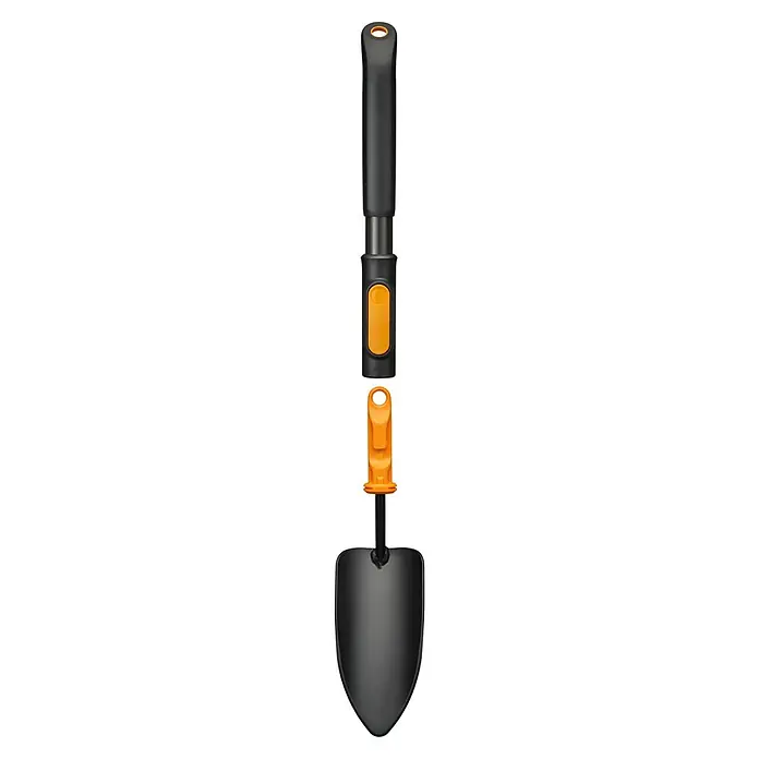 Fiskars OneClick Blumenkelle - 28,8 cm - Schwarzer Spaten mit orangefarbenen Akzenten, robust und ideal für Gartenarbeiten. Das Werkzeug ist langlebig und effizient.