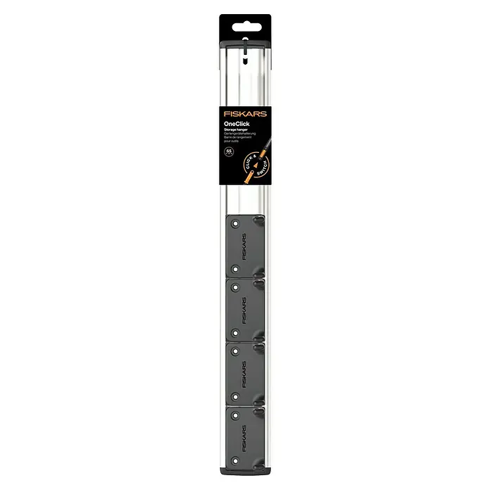 Fiskars OneClick Gerätehalter - L x B x H: 5 x 64,8 x 6,7 cm - Fiskars OneClick Aufbewahrungshänger. Der Hänger bietet eine praktische Lösung für die Aufbewahrung von Gartengeräten.