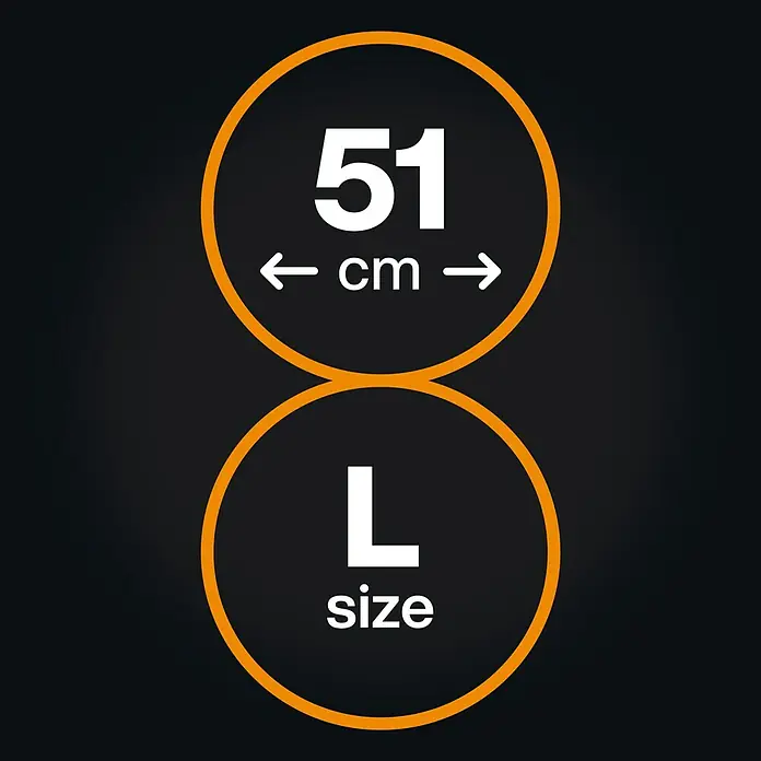 Fiskars OneClick Laubbesen L - Arbeitsbreite: 51,1 cm - Abbildung mit Größenangaben: 51 cm und Größe L. Die Größenangaben sind in orangen Kreisen dargestellt.