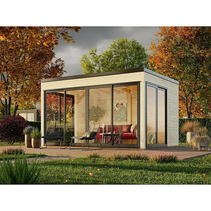 Palmako Caseta de jardín Serena Slide Set 2 - L x An x Al: 320 x 420 x 250 cm, Madera, Natural - Una caseta de jardín moderna con grandes ventanales y revestimiento de madera se integra armoniosamente en el jardín otoñal.