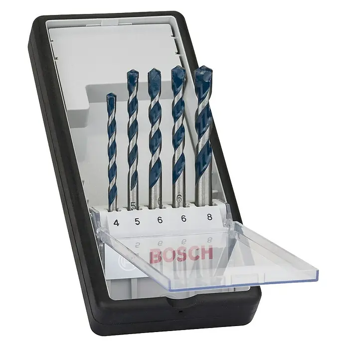 Bosch Beton- & Steinbohrer CYL-5 - 5 Stk., Durchmesser Bohrer: 8 mm - Ein Set Bosch-Bohrer in verschiedenen Größen, ordentlich in einem schwarzen und weißen Koffer mit transparentem Deckel verstaut.
