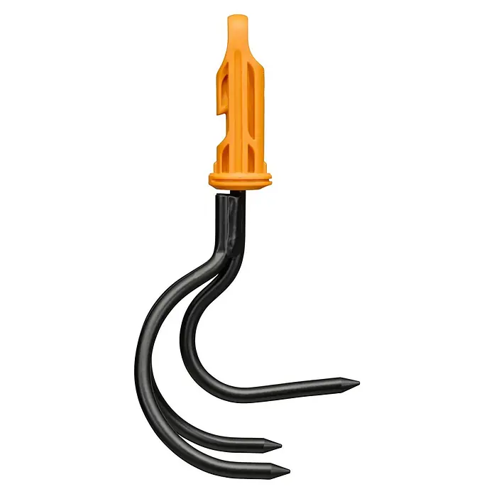Fiskars OneClick Kleingrubber - Arbeitsbreite: 9,1 cm, Anzahl Zinken: 3 Stk. - Ein dreizackiger Bodenanker mit einem leuchtend orangefarbenen Griff, ideal zum Sichern von Zelten und Planen im Außenbereich.