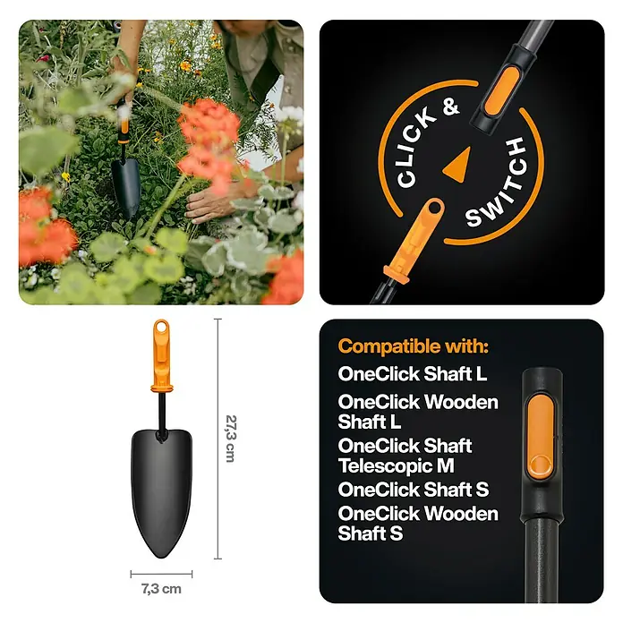 Fiskars OneClick Blumenkelle - 28,8 cm - Gartenkelle mit orangefarbenem Griff, kompatibel mit OneClick Schäften. Ideal für Gartenarbeiten.