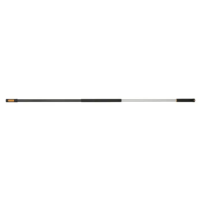 Fiskars OneClick Teleskopstab - 118,7 cm - 179 cm, Aluminium - Nahaufnahme einer zylindrischen Batterie mit braunen Enden und einem silbernen Körper. Das Produkt ist für den täglichen Gebrauch geeignet.