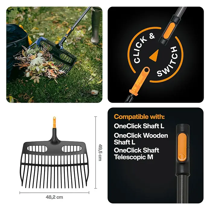 Fiskars OneClick Gartenrechen - Arbeitsbreite: 48,2 cm - Bild einer Laubharke mit den Maßen 48,2 x 49,5 cm, einem Klick- und Wechselmechanismus und Kompatibilität mit OneClick-Stielen.