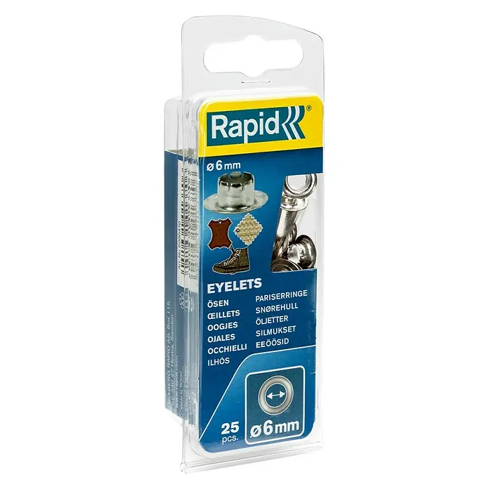 Rapid Ösen - Durchmesser: 6 mm, 25 Stk. - Packung Rapid Ösen mit 6 mm Durchmesser zum Befestigen von Materialien wie Leder, Stoff und Schuhen. Ideal für Reparaturen und Bastelarbeiten.