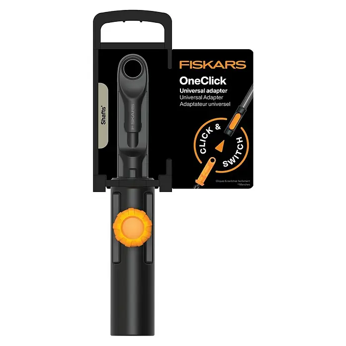 Fiskars OneClick Stiel Universal - Passend für: Handgeräte der QuikFit™-Produktreihe - Abbildung des Fiskars OneClick Universaladapters, der für verschiedene Werkzeugschäfte verwendet werden kann und eine einfache Bedienung ermöglicht.
