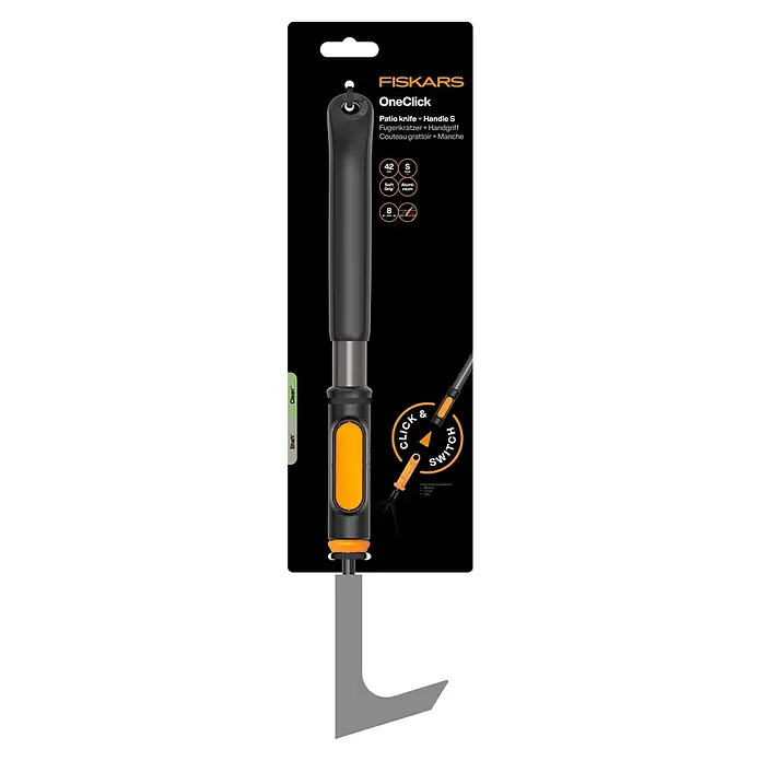 Fiskars OneClick Fugenkratzer + Handgriff S - Länge: 42,1 cm, Borstahl - Fiskars OneClick Fugenkratzer mit Griff S für die Reinigung von Terrassen und Wegen, mit Click & Switch System für schnellen Werkzeugwechsel.