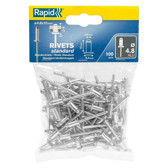 Rapid Blindniete - Nietlänge: 10 mm, Nietdurchmesser: 4,8 mm, 100 Stk. - Verpackung mit 100 Standard-Blindnieten der Größe Ø 4,8 x 10 mm von Rapid, ideal für verschiedene Anwendungen im Heim- und Handwerksbereich.
