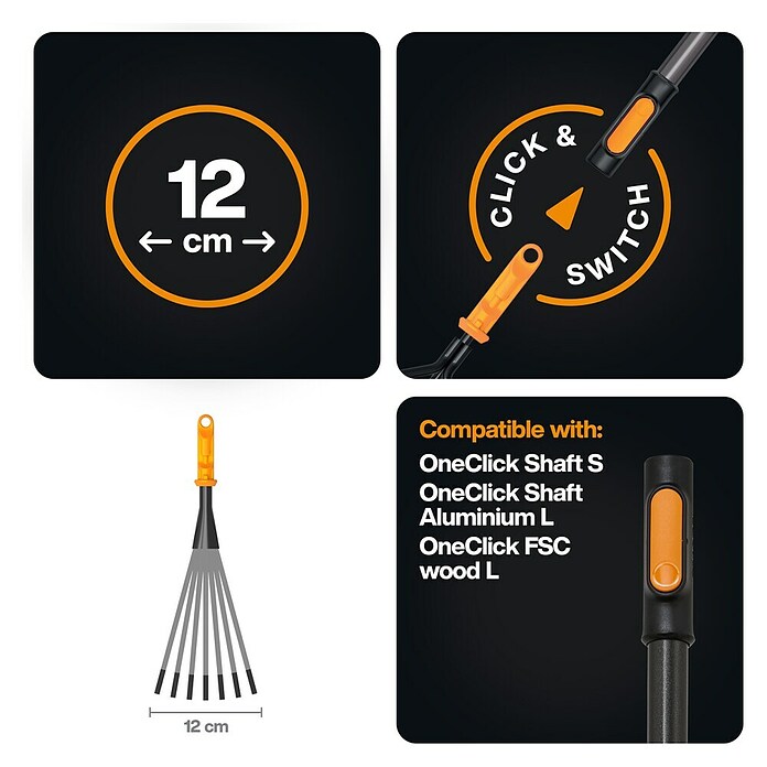 Fiskars OneClick Gartenrechen (Arbeitsbreite: 12,4 cm, Anzahl Zinken: 7 Stk.) | BAUHAUS