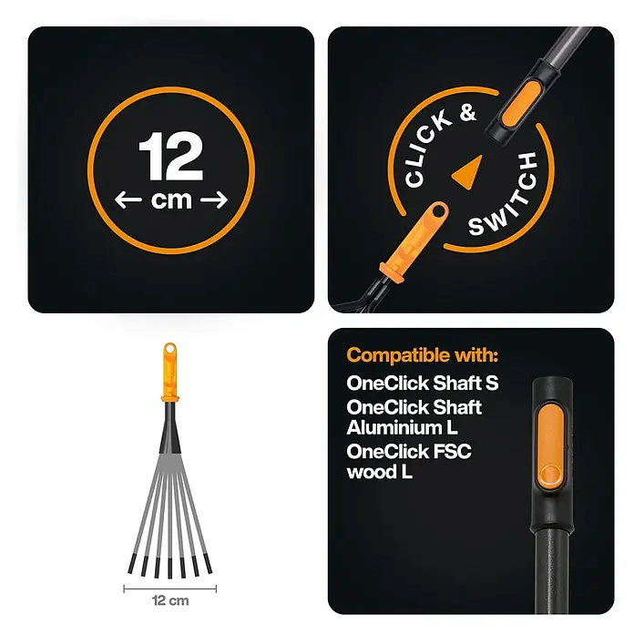 Fiskars OneClick Gartenrechen - Arbeitsbreite: 12,4 cm, Anzahl Zinken: 7 Stk. - Produktbild: Fiskars OneClick-Rechenkopf mit 12 cm Breite, kompatibel mit OneClick Shaft S, Aluminium L und FSC-Holz L.
