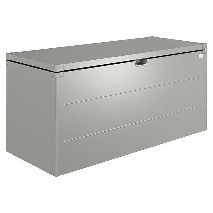 Biohort StyleBox Kissenbox 210 - L x B x H: 207 x 80 x 81 cm, Stahl, Quarzgrau-Metallic - Abbildung einer anthrazitfarbenen Gartenbox mit horizontalem Liniendesign und Deckel. Ideal zur Aufbewahrung von Gartenartikeln und Sitzkissen.