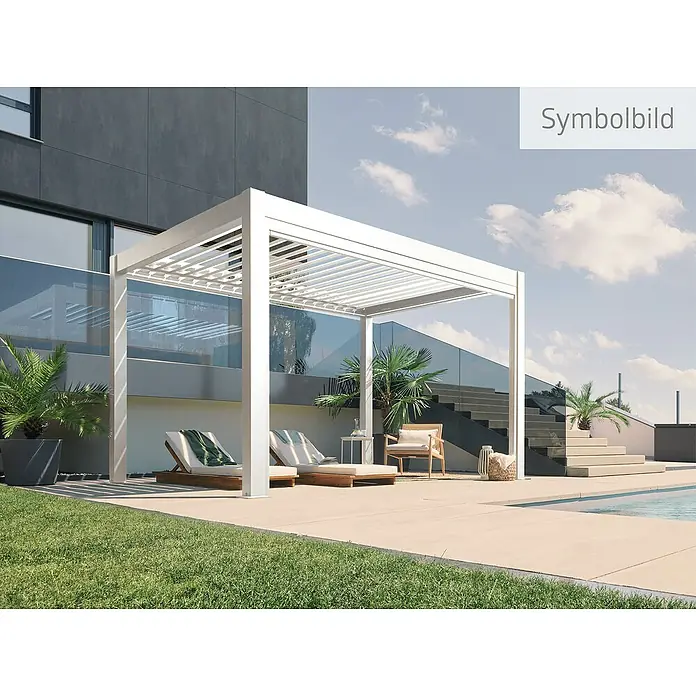 Biohort Lamellenpavillon - B x T: 404,5 x 312 cm, Weiß, Material Gestell: Stahl - Symbolbild einer modernen weißen Pergola mit Liegestühlen und Pool, die eine entspannende Außenatmosphäre für sonnige Tage bietet.