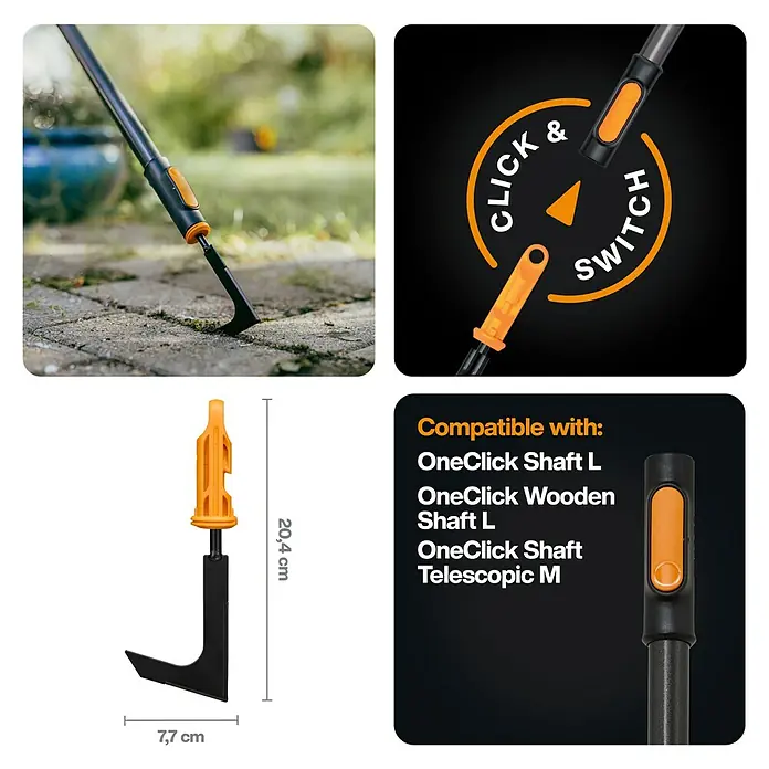 Fiskars OneClick Fugenkratzer + Handgriff S - Länge: 42,1 cm, Borstahl - Bild des Fiskars Unkrautstechers mit Angaben zu Abmessungen und Kompatibilität mit OneClick Schäften.