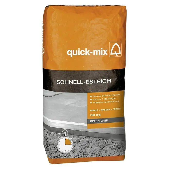 Quick-Mix Schnellestrich - 30 kg, Schichtdicke: 60 mm - Bild eines Sackes Quick-Mix Schnell-Estrich, einem schnellhärtenden Estrichmörtel, ideal für schnelle Bauprojekte und frostbeständig nach Aushärtung.