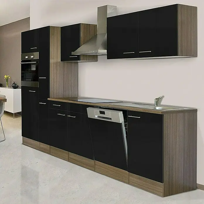 Respekta Küchenzeile Oliver - Breite: 310 cm, Schwarz, Mit Elektrogeräten - Küchenschrank-Set in Schwarz und Holzoptik. Das Set beinhaltet Hänge- und Unterschränke sowie eine Dunstabzugshaube.