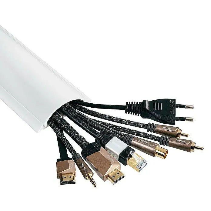 Hama Kabelkanal halbrund - 1 m x 7 cm x 2,1 mm, Weiß - Kabelkanal mit diversen Hama-Kabeln. Eine elegante Lösung zur Kabelorganisation, inklusive HDMI, Audio und Stromkabel für ein sauberes Setup.
