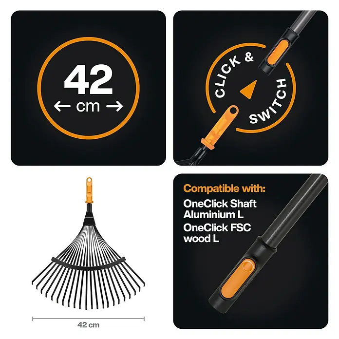 Fiskars OneClick Rasenrechen - L x B x H: 47,5 x 40 x 10,4 cm - Eine detaillierte Darstellung des Fiskars OneClick Rechenkopfes, der mit verschiedenen Stieltypen kompatibel ist.