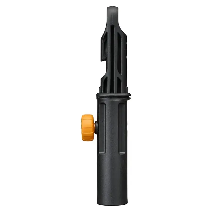 Fiskars OneClick Stiel Universal - Passend für: Handgeräte der QuikFit™-Produktreihe - Nahaufnahme eines schwarzen Befestigungsstabs mit einem orangefarbenen Knopf, der sich ideal für die sichere Befestigung von Objekten eignet.