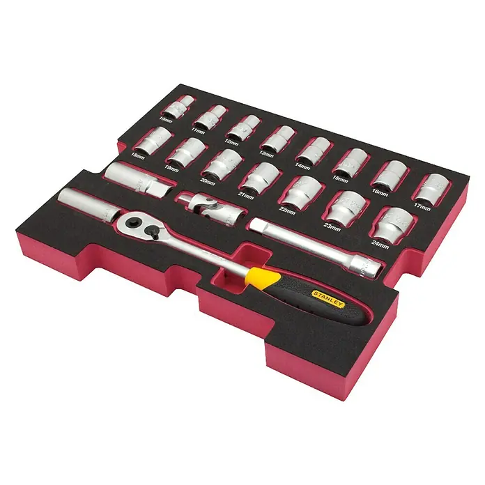 Stanley TSTAK Werkzeugkoffer Einlagen-Set - Stahl, 20 -tlg. - Ein Stanley Steckschlüsselsatz in einer roten und schwarzen Schaumstoffeinlage, ideal für Werkstatt und Heimwerker.