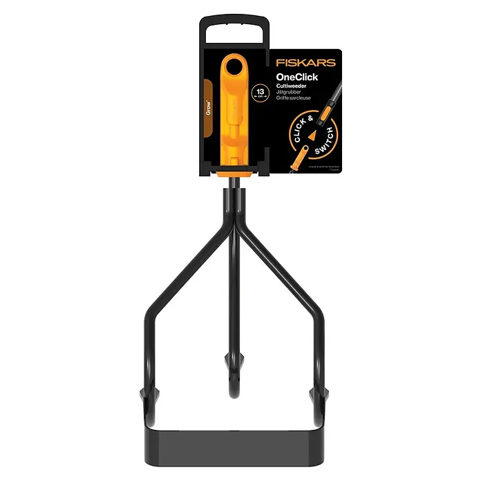 Fiskars OneClick Grubber Jäter 2-in1 - Länge: 28,7 cm, Kunststoff - Produktabbildung des Fiskars OneClick Cultiweeder Jätgrubber, ein vielseitiges Gartengerät für müheloses Jäten und Kultivieren.