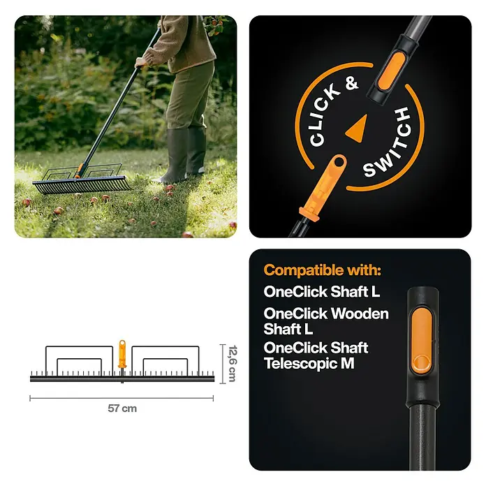 Fiskars OneClick Rasenrechen - L x B x H: 12,5 x 57 x 12,6 cm - Bild des Fiskars Obstsammlers mit den Maßen 57 x 12,6 cm und dem "Click & Switch"-System, kompatibel mit OneClick Schäften.
