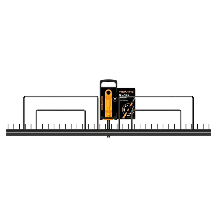 Fiskars OneClick Rasenrechen - L x B x H: 12,5 x 57 x 12,6 cm - Das Bild zeigt einen Fiskars OneClick Aufbewahrungsschienen-Organizer, der ideal ist, um Gartengeräte ordentlich zu verstauen.
