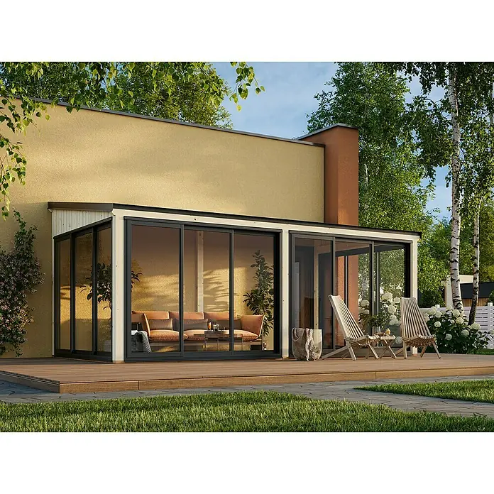 Palmako Pérgola adosada Lumi Slide Plus - L x An: 297 x 420 cm, Natural, Doble acristalamiento de 24 mm, Puerta corredera - Atractiva vista exterior que muestra una moderna terraza acristalada, perfecta para relajarse al aire libre. Diseño elegante con mucha luz natural.