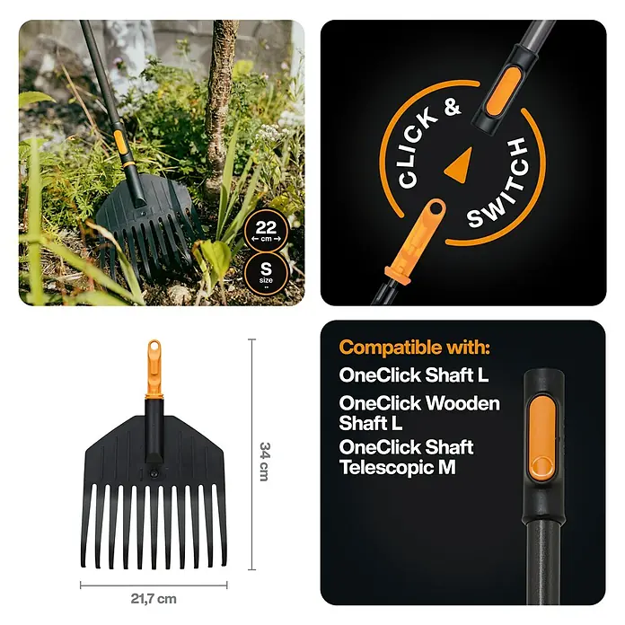 Fiskars OneClick Fächerbesen - Arbeitsbreite: 21,7 cm, Anzahl Zinken: 11 Stk. - Produktbild eines Fiskars OneClick Rechenaufsatzes mit Größenangaben und Kompatibilitätshinweisen für verschiedene Schäfte.