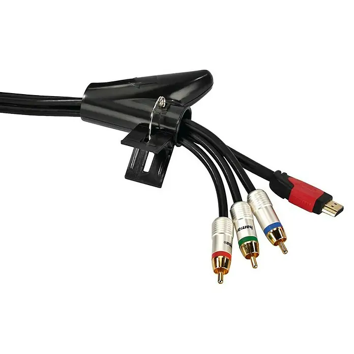 Hama Spiralschlauch 00220998 - Länge: 2 m - Mehrere Kabel, darunter ein HDMI- und drei Cinch-Kabel, werden durch eine schwarze Kabelhalterung zusammengehalten.
