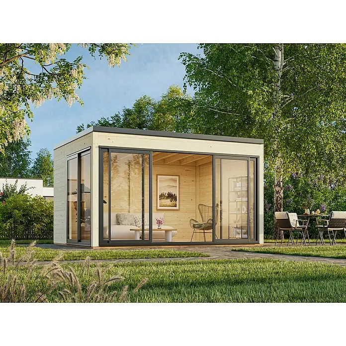 Palmako Caseta de jardín Serena Slide Plus Set 1 - L x An x Al: 320 x 420 x 250 cm, Madera, Natural - Casa de jardín contemporánea con grandes paneles de vidrio e interior acogedor, ideal para relajarse al aire libre.