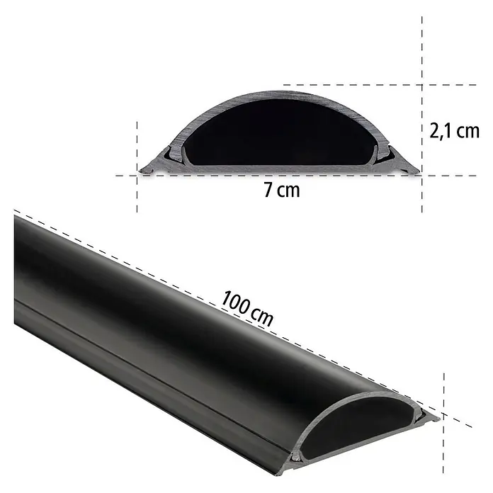 Hama Kabelkanal halbrund - 1 m x 7 cm x 2,1 cm, Schwarz - Produktdarstellung einer schwarzen Kabelkanalabdeckung mit Maßangaben.