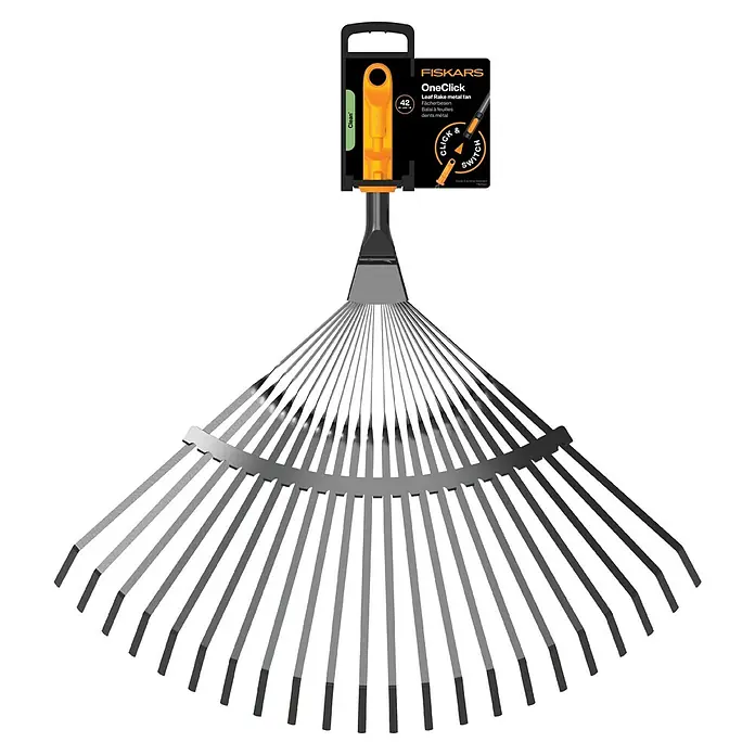 Fiskars OneClick Rasenrechen - L x B x H: 47,5 x 40 x 10,4 cm - Fiskars OneClick Metall-Laubbesen, ideal für die Gartenarbeit. Leicht verstellbare Zinken für optimale Leistung beim Laubsammeln.
